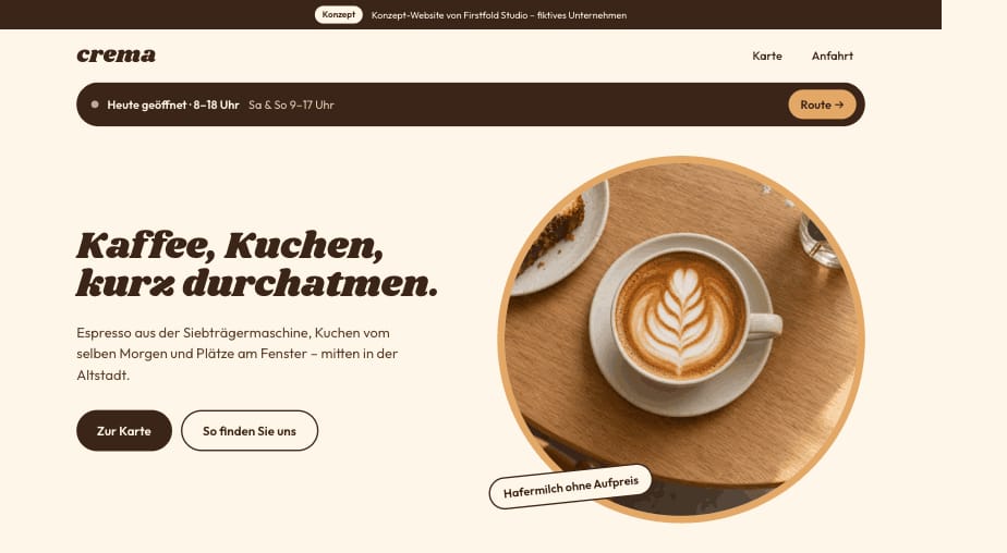 Konzept‑Website für ein Café, Startseite