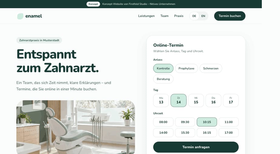 Konzept‑Website für eine Zahnarztpraxis, Startseite