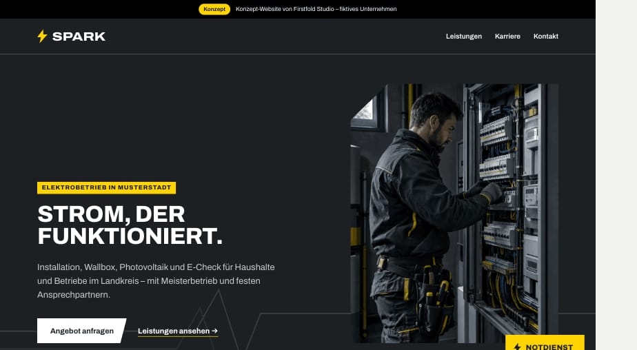 Konzept‑Website für einen Elektrobetrieb, Startseite