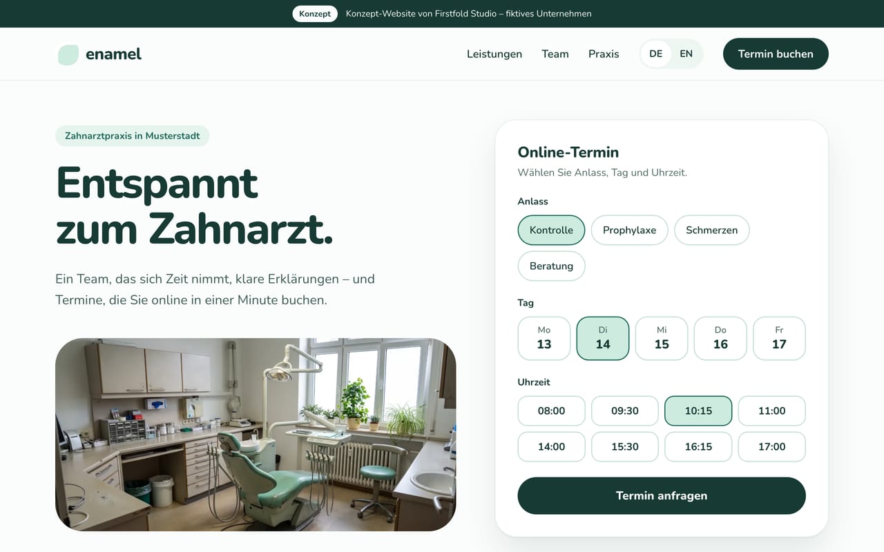 Konzept‑Website für eine Zahnarztpraxis, Startseite